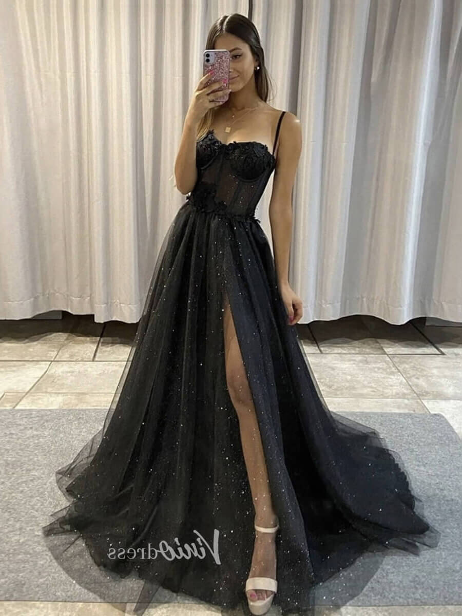 Custom Made A Line Black Spaghetti Straps Prom Dress with High Slit, Ball  Dresses, Formal Graduation Dresses · FancyGirl · Online Store Powered by  Storenvy